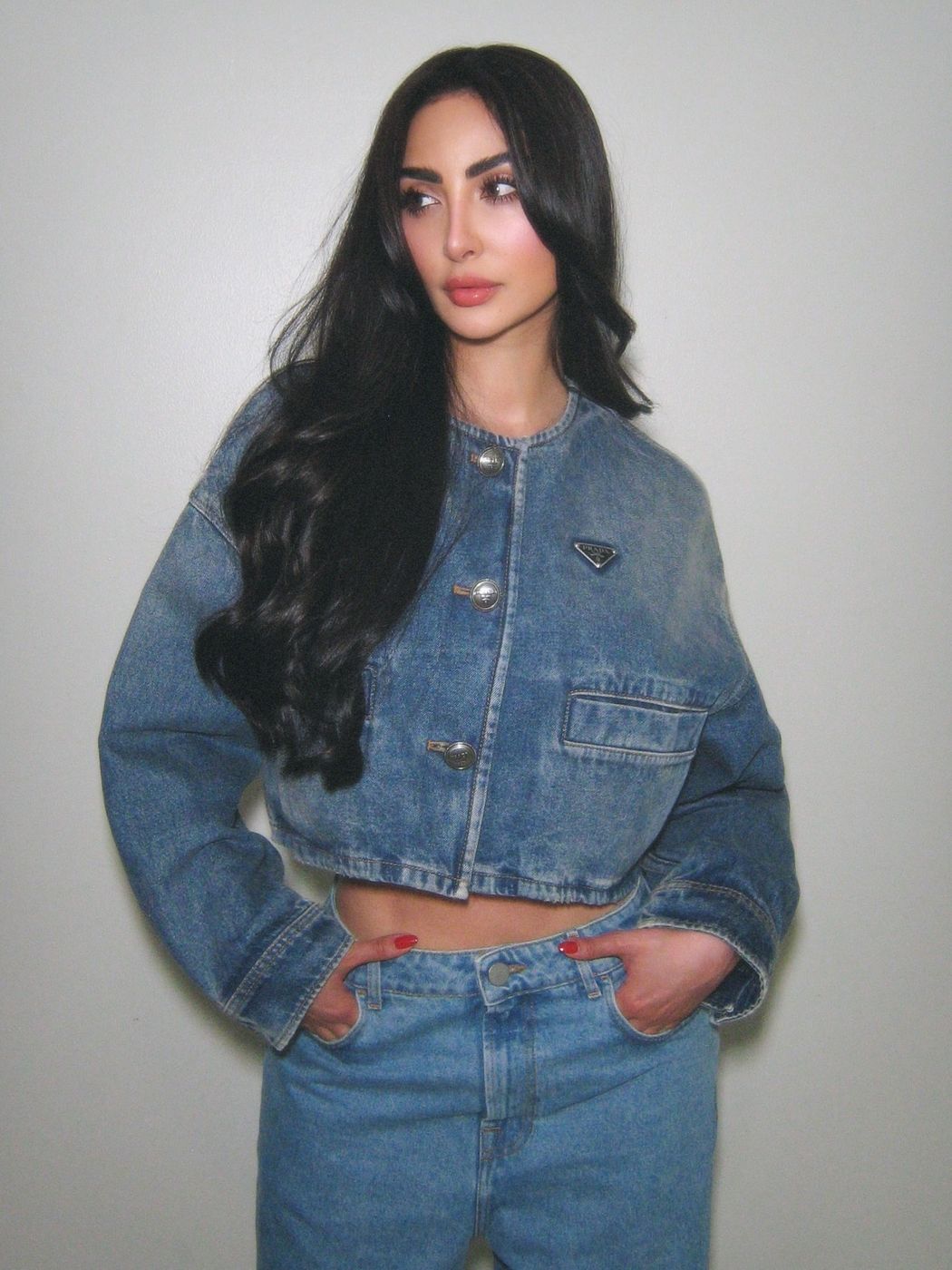 Long sleek dark hair, editorial denim look