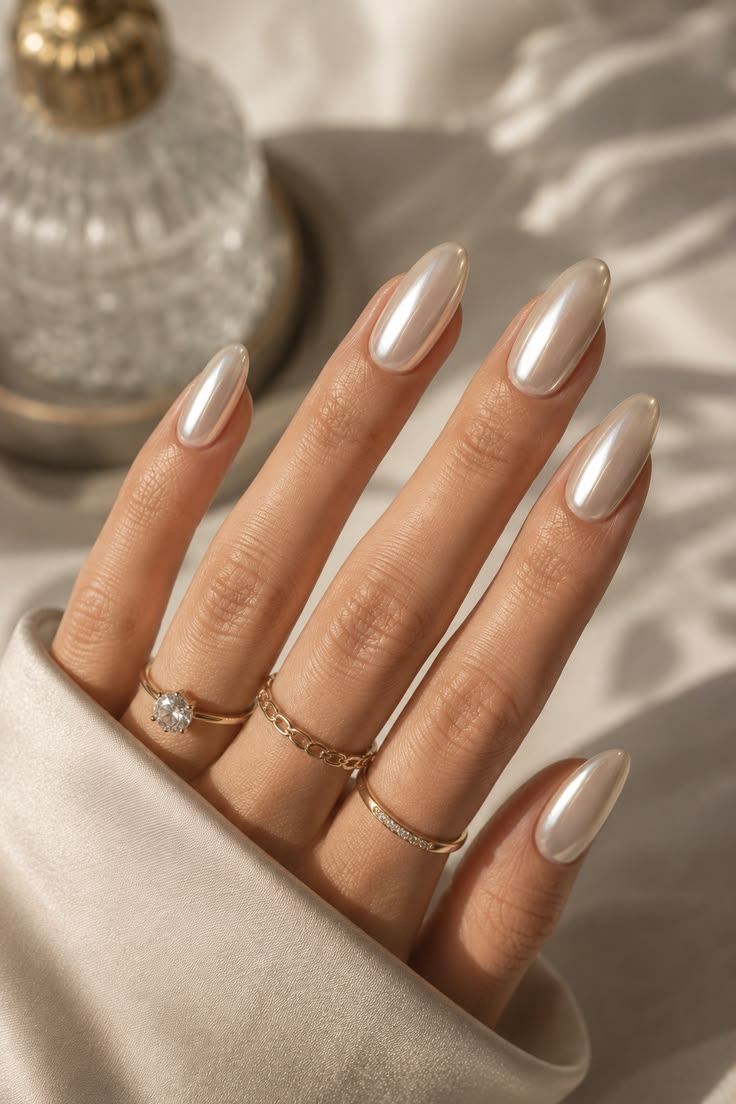Pearl chrome manicure at Laurance, DIFC Dubai